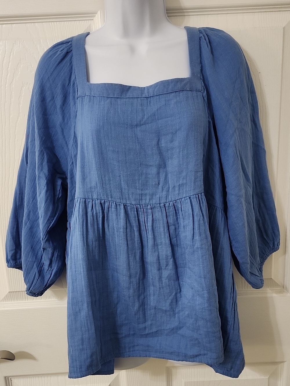 Mud Pie Blue Puff Sleeve Square Neck Blouse
